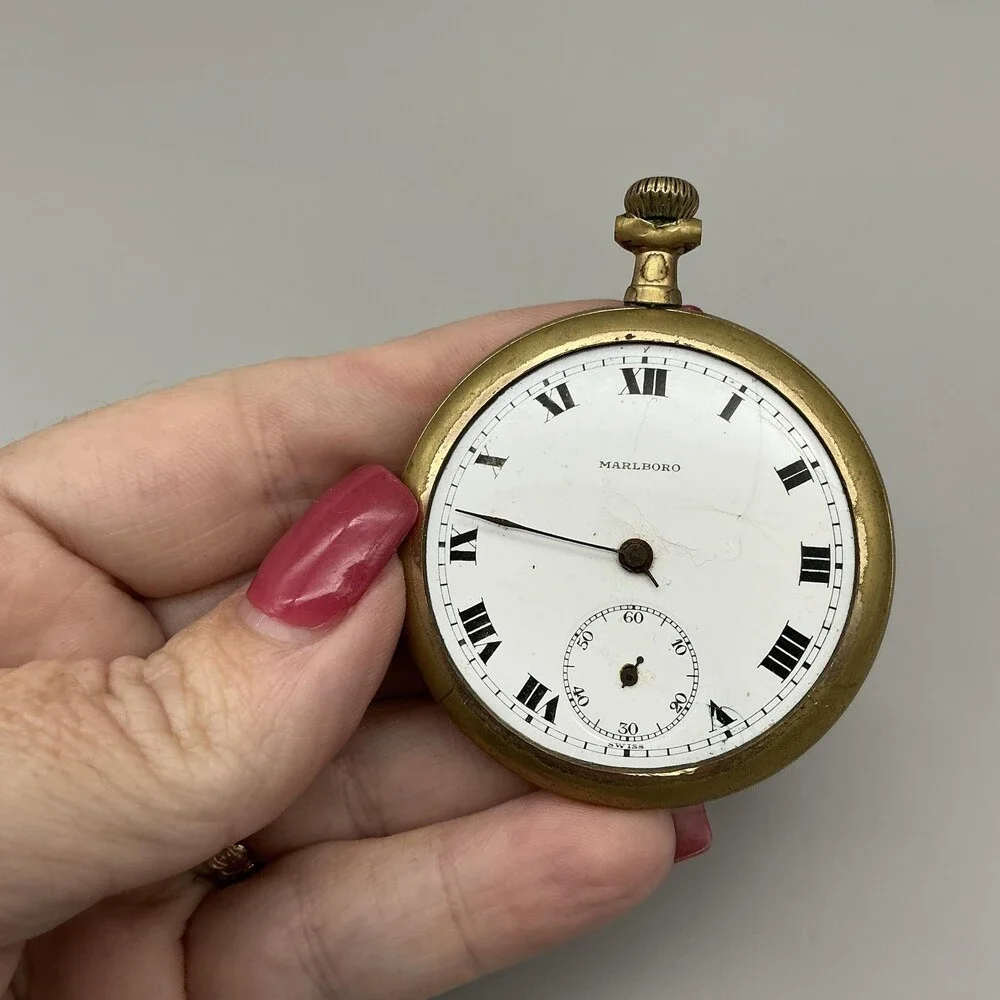 Vintage Marlboro Pocket Watch Men 49mm Gold Filled Open Face Manual Not Running